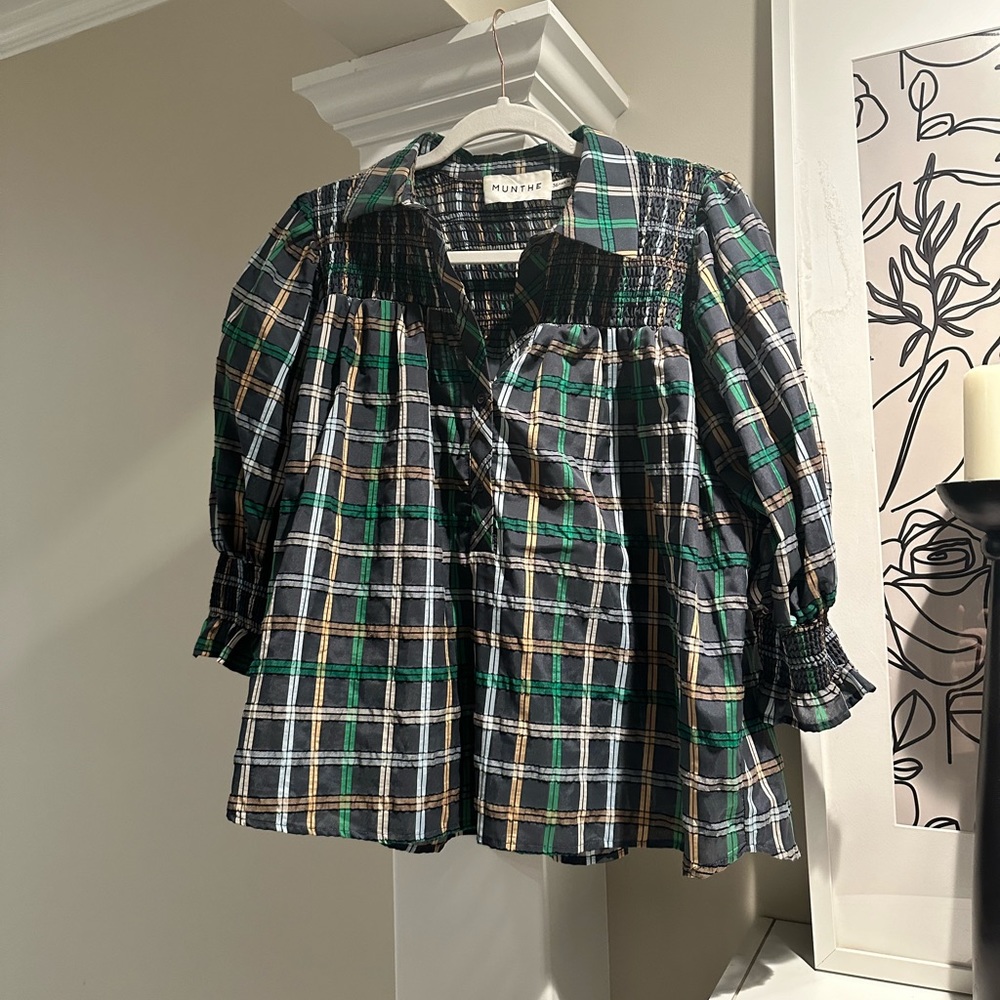 MUNTHE PLAID NAVY BLOUSE SIZE 36 (US 4 OR SMALL)